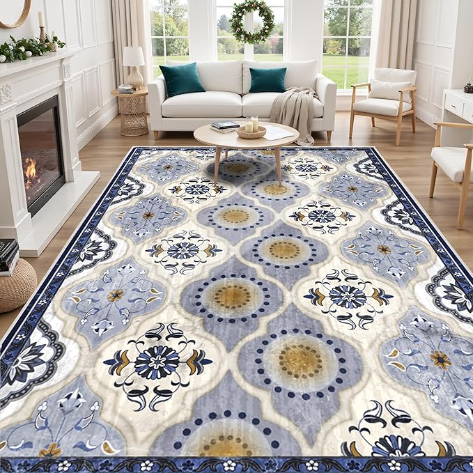 EnHomee Area Rugs 5x7, Soft Washable Rugs for Living Room Bedroom, Boho Non Slip Low Pile Stain Resistant Washable Rug Large Carpet for Dining Room,Easy to Clean Living Room Rug, Blue