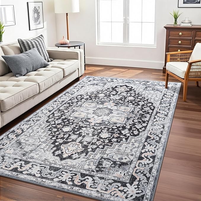8x10 Large Area Rugs for Living Room, Washable Vintage Rugs-Low Pile Carpet, Non-Slip Soft Distressed Printed Patterns Rugs for Bedroom, Dining Room, Black