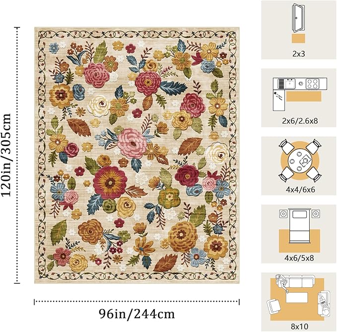 8x10 Machine Washable Area Rug for Living Room, Beige Vintage Boho Floral Rug Large Non-Slip Low Pile Soft Faux Wool Carpet, Kids and Pets Friendly for Bedroom Dining Room Farmhouse Home Decor Rug