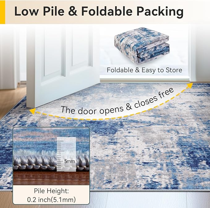Washable Area Rugs 2'x4' Non-Slip Modern Abstract Soft for Living Room Entryway Bedroom Nursery, Print Pattern, Blue Grey Navy Gray