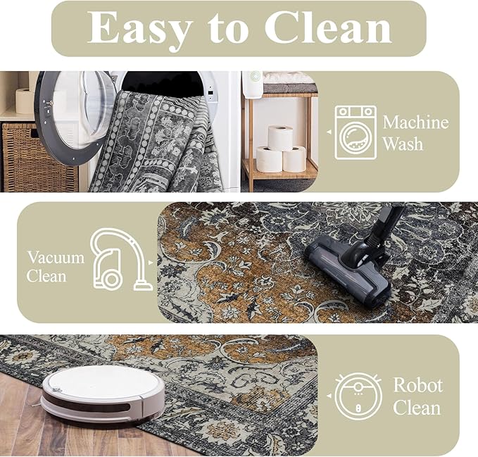Washable Rugs 5x7 Area Rugs for Living Room, Thin Carpet for Bedroom, Soft Faux Wool Retro Dining Room Rug，Non Slip&Non-Shedding Resistant Low Pile Vintage Print Rug for Home Office (Tan/Gray)