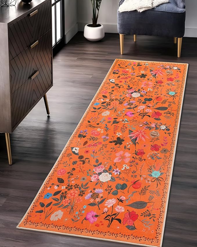 Boho Floral Runner Rug 2x6, Washable Non-Slip Kitchen Rug, Ultra Soft Vintage Carpet for Hallways, Kitchen, Bedroom, Bathroom (Orange)