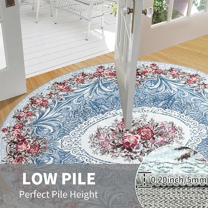 Easy-Going Round Rug 5ft Area Rug Washable Floral Circle Rugs for Living Room Non-Slip Bedroom Rug Low Pile Lightweight Retro Flowers Throw Rug for Dining Room Kitchen Home Home Office, Teal Red
