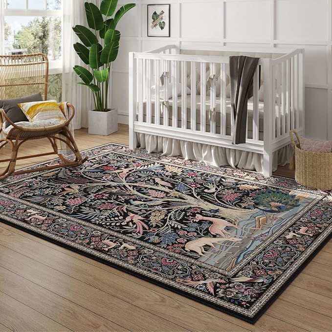Rugcomf Area Rugs 9x12 Living Room Vibrant Tree of Life-Patterned Vintage Washable Rug Non Slip Low Pile Large Rug for Bedroom Farmhouse Dining Room Kids Playroom, Black