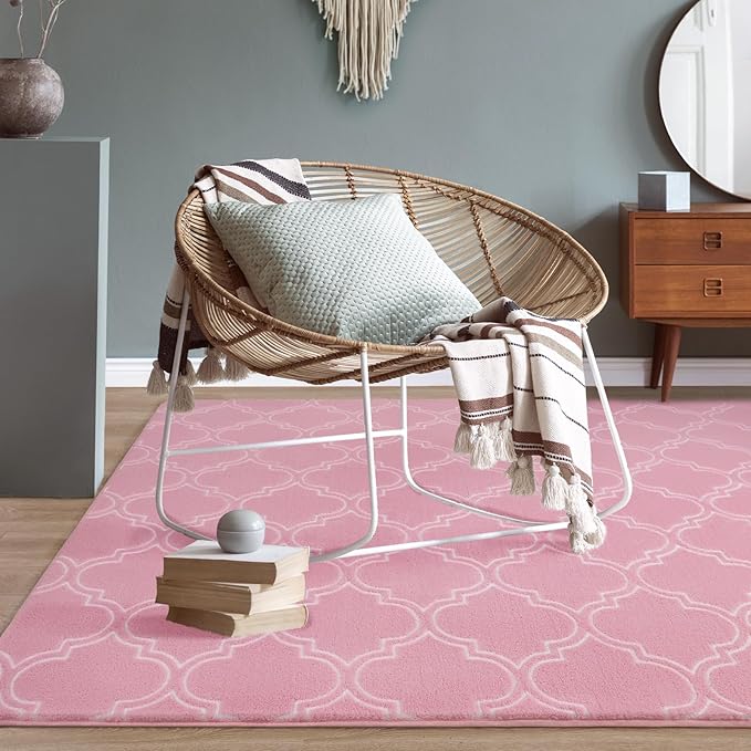 Amearea Fluffy Indoor Area Rug, Soft Trellis Moroccan Rugs for Bedroom, Shag Modern Area Rug for Living Room Kids Room Nursery, Easy Clean, Home Decor Low Pile Carpet, Pink 5x7 Feet