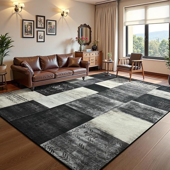 DweIke Washable Area Rugs for Living Room, 5x7 Soft Bedroom Rugs, Geometric Print Non-Slip Modern Rug, Stain Resistant Throw Carpets for Office Nursery Dining Room Home Dorm Decor, Black and White