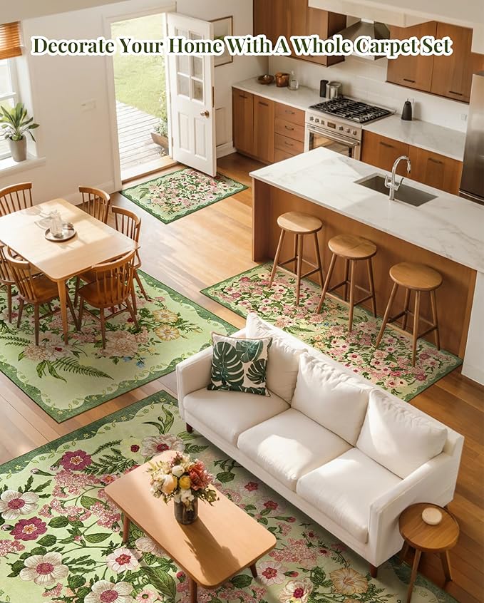 Floral Bedroom Rug - 4x6 Washable Area Rugs Non-Slip Soft Low-Pile Stain Resistant Carpet Flower Print Vintage Indoor Rug for Living Room Dining Room Office Nursery Room, Green