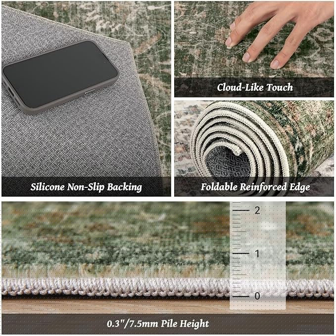 Washable 6x9 Area Rugs for Living Room, Boho Non-Slip Vintage Distress Large Rugs for Bedroom Dining Room Nursery Office, 0.3" Neutral Oriental Throw Thin Carpet, Grass Green/Multi