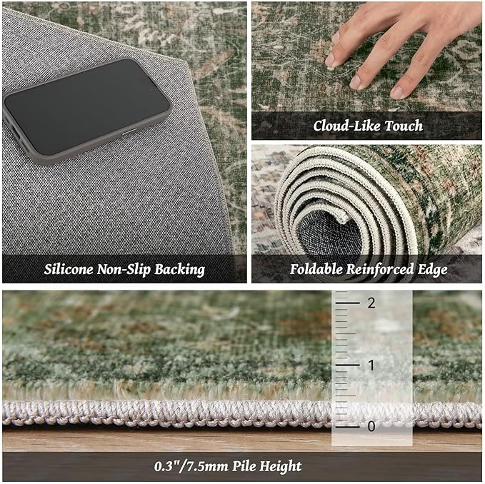 Washable 3x5 Entryway Rug, Boho Non-Slip Vintage Distress Small Rugs for Kitchen Nursery Office Bedroom, 0.3" Neutral Oriental Throw Thin Carpet with Cushioning Pad, Grass Green/Multi