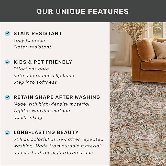 2x8 Moss Green Washable Kitchen Runner Rug - Non Slip Floral Rugs for Entryway Indoor, Kitchen- Vintage Geometric Floral Design Orenital Home Décor, Stain Resistant Carpet
