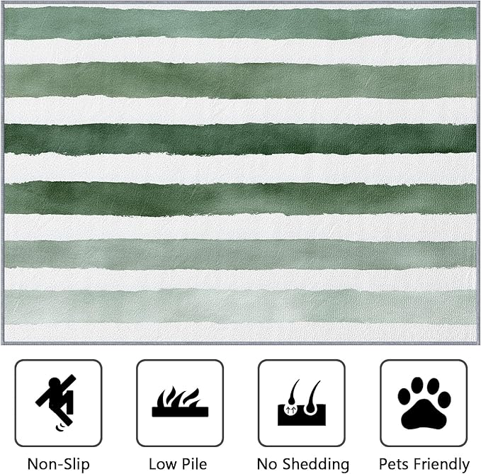 Striped Rugs for Bedroom - 4x5ft - Green and White Stripe Minimalist Watercolor Rugs for Living Room Non Slip Low Pile Machine Washable Area Rug, Striped Carpets Home Decor & Gifts