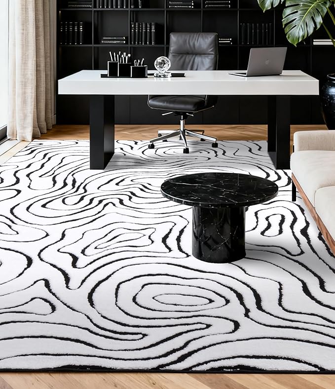 YIHOUSE Modern Rugs for Living Room 6x9, Washable Black and White Bedroom Rug, Fluffy Geometric Dining Room Rugs for Under Table Home Decor