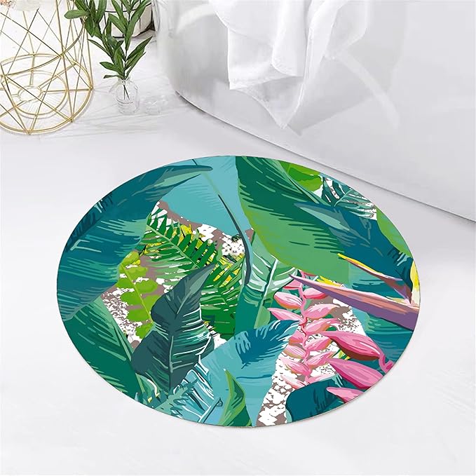 Tropical Leaves Round Rug 5ft - Machine Washable Non-Slip Circular Floor Mat, Short Pile Soft Rug for Living Room, Bedroom, Nursery in Green & Pink Botanical Design