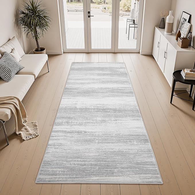 PADOOR Modern Abstract Runner Rug - 2.6x8 Washable Hallway Rugs, Ultra Soft Non-Slip Low Pile Floor Rugs for Hallway Entryway Kitchen Bedroom Bedside Laundry Room Grey