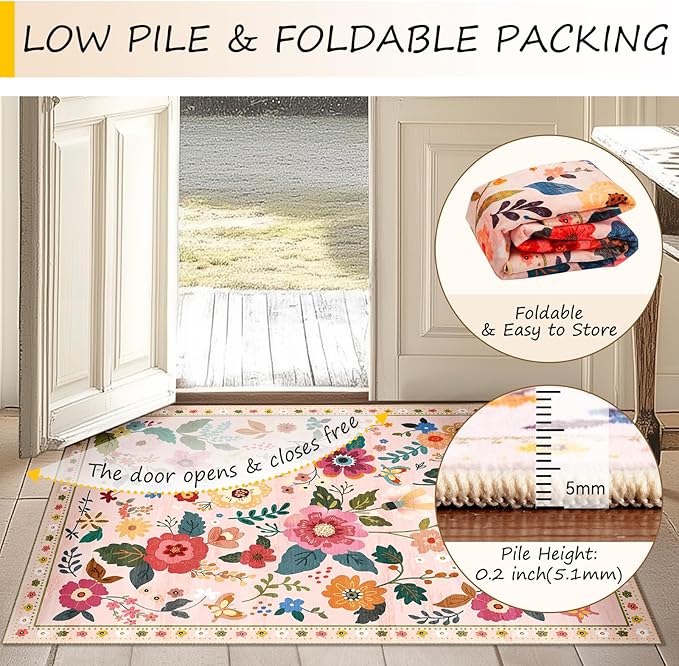 Floral 2x10 Area Rug Machine Washable Soft Print Boho Carpet Non Slip Doormat Low Pile Flower Area Rugs for Living Room Bedroom Nursery Kitchen Dining Room Indoor-Pink