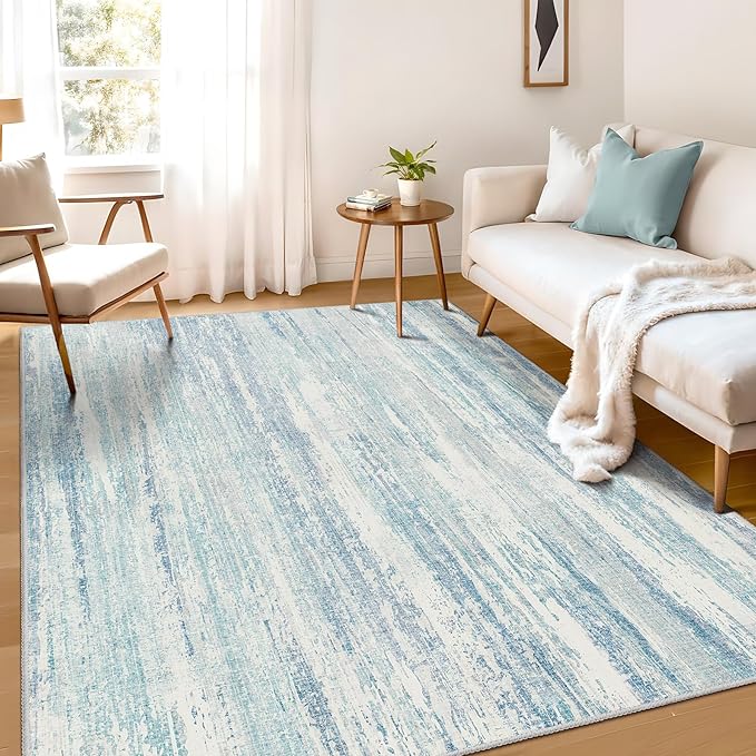 MUJOO 5x7 Washable Area Rug,Modern Abstract Rugs for Living Room Bedroom Dining Room,Large Non Slip Carpet Indoor,Low Pile Throw Rug Accent Neutral Blue