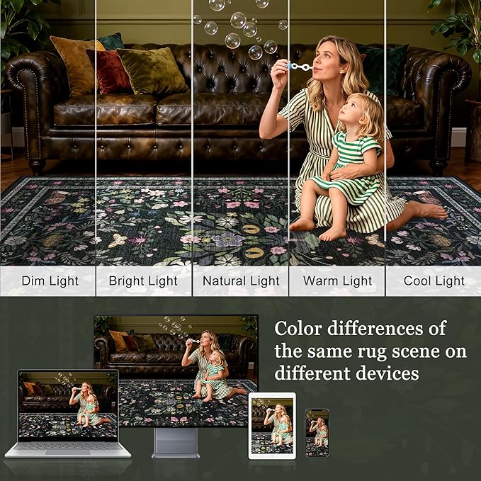 5x7 Area Rugs Living Room Rug: Vintage Washable Rug Floral Soft Carpet Indoor Floor Non-Slip Boho Stain Resistant Large Carpets for Bedroom Kids Nursery Dining Room Farmhouse Home Office Black/C02