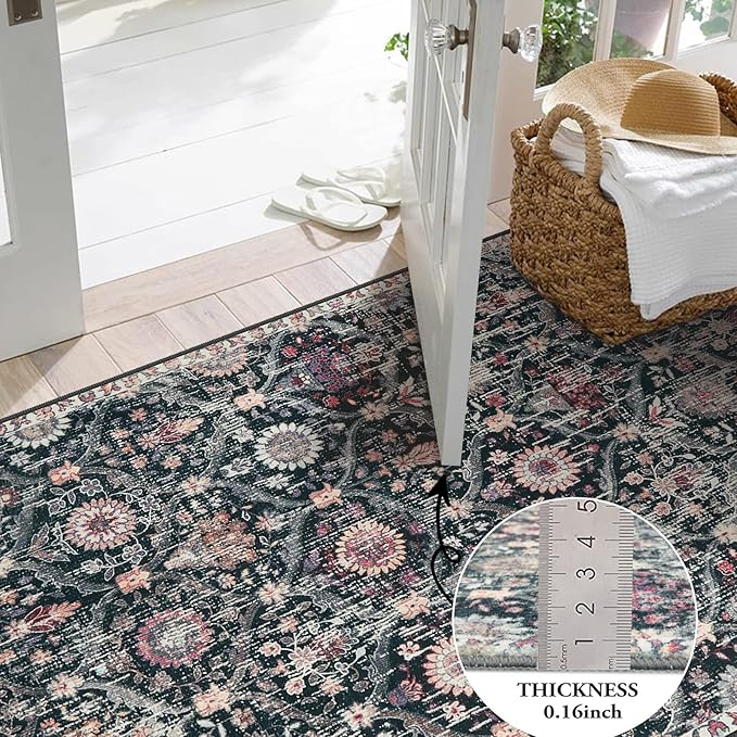 Lahome Moroccan Trellis Round Area Rugs, Washable Small Round Rug 3ft Non-Slip, Soft Vintage Ultra-Thin Circle Carpet for Bedroom Entryway Kitchen Laundry Bathroom, Black/Multi