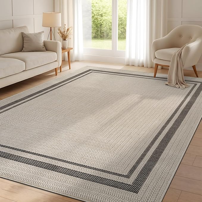 Beverly Rug Easy Jute Bordered Rug 4x6 Washable Durable Indoor Outdoor Area Rugs for Living Dining Room Patio Office Stain Resistant Non Shedding Casual Indoor Outside Carpet 4 x 6 Off-White