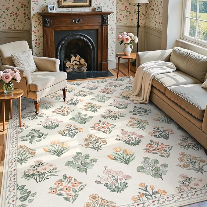 Wonnitar 5x7 Rug for Bedroom Decor, Washable Nursery Rug for Baby, Neutral Ultra-Thin Non Slip Floral Print Carpet for Kids Room Farmhouse Living Room Office, Cream Beige