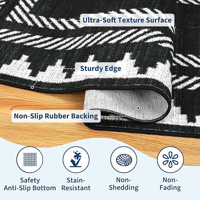 Modern Low Pile Non Slip 5x7 Machine Washable Living Room Area Rug Foldable Modern Geometric Soft Floor Carpet Geometric Bordered Stain Resistant Indoor Rug with Rubber Back, Black