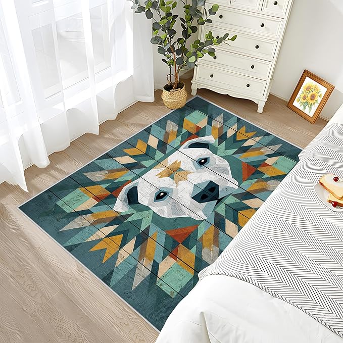 6x9 Rug Washable - Pitbull Rug for Bedroom, Modern Geometric Dog Rustic Wood Grain Non Slip Low Pile Area Rugs for Living Room, Dog Carpets Home Decor & Gifts