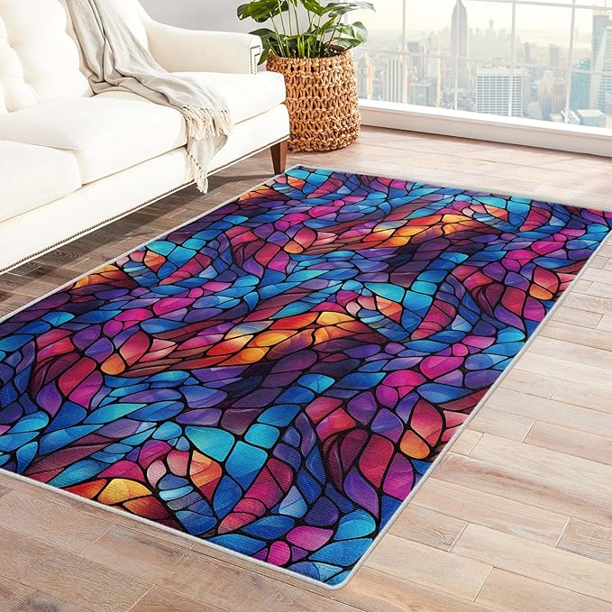 Abstract Rug, 7x9 Rug, Stained Glass Rugs for Living Room Bedroom, Modern Large Area Rug, Washable Rug Non Slip Soft Indoor Carpet, Kids and Pets Friendly, Abstract Home & Room Decor