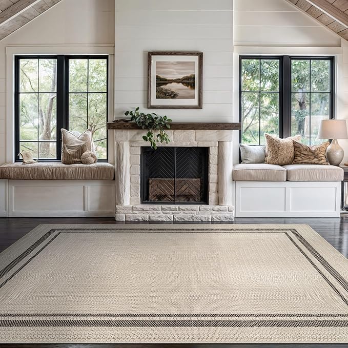Beverly Rug Easy Jute Bordered Rug 10x14 Washable Large Indoor Outdoor Area Rugs for Living Dining Room Patio Office Stain Resistant Non Shedding Casual Indoor Outside Carpet 10 x 14 Off-White