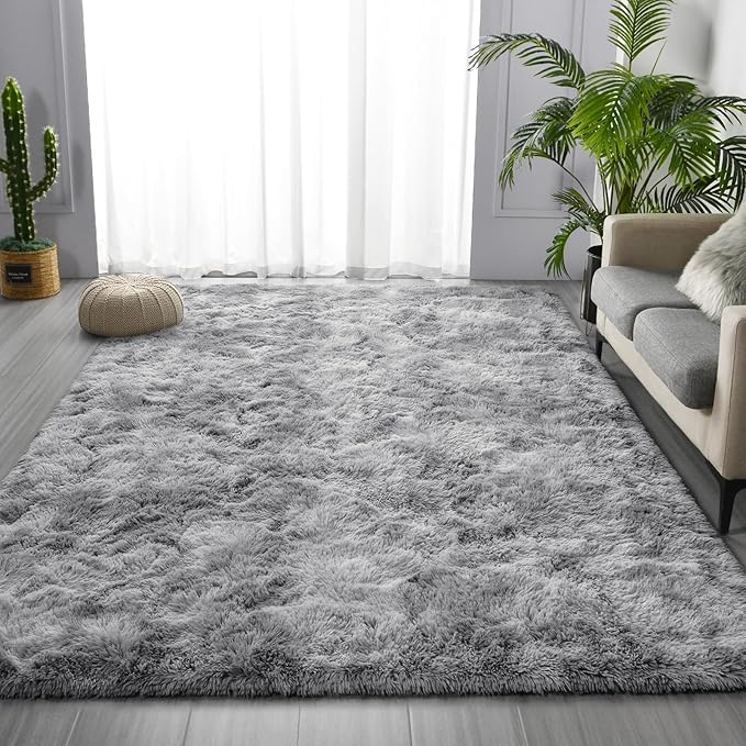 Shag Area Rug, 4 X 6 Tie-Dyed Plush Fuzzy Rugs for Living Room, Ultra Soft Fluffy Furry Rug for Bedroom, Indoor Carpet Nursery Rugs for Kids Room Home Decor, Light Grey