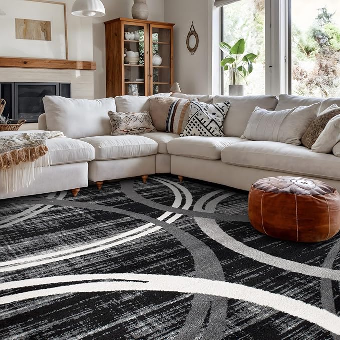 Rugshop Modern Wavy Circles Design Area Rug, Fade-Resistant Carpet for Living Room, Bedroom, or Dining Room, Black, 6'6" x 9'