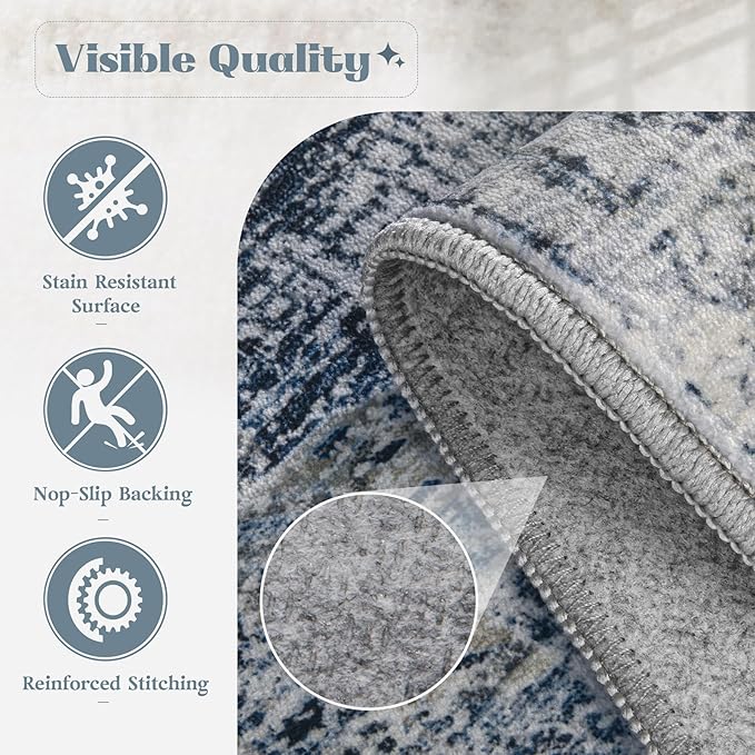 Area Rug 9x12 Washable Rug, Vintage Boho Medallion Rugs Non-Slip Soft Low Pile Large Distressed Rug Indoor Retro Carpet for Living Room Bedroom Dining Room Home Office (Blue, 9'x12')