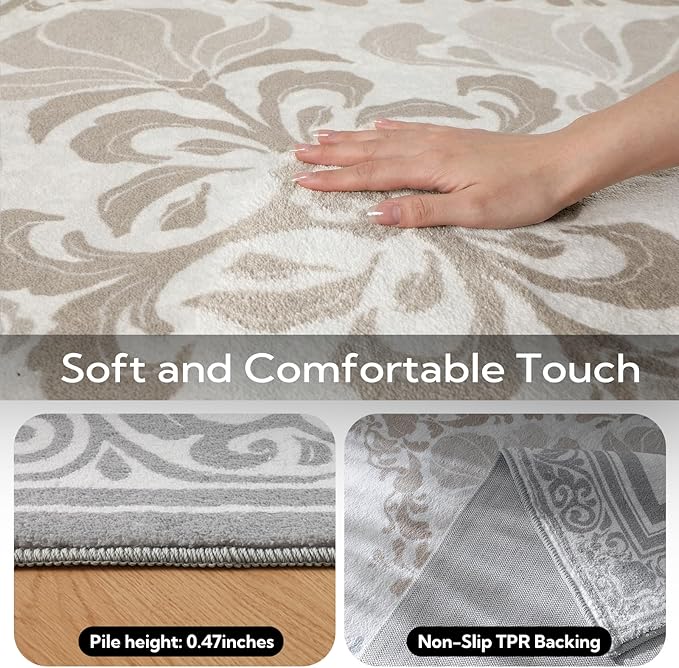 SOULFUL Medium Pile 4x6 Rugs for Living Room - Soft Foot Feel Area Rug - Light Taupe Boho Floral - Washable Non-Slip - Perfect for Bedroom Kids Room Under Dining Table Office