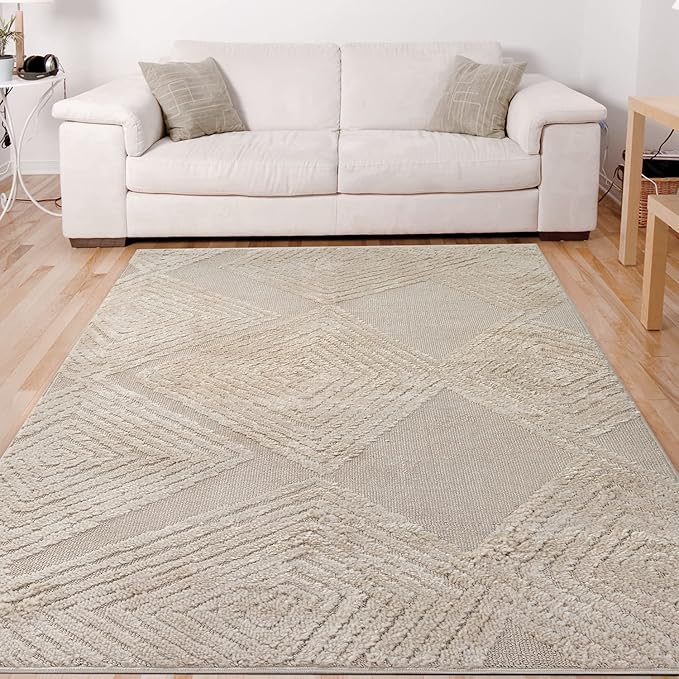 Antep Rugs Palafito 6x9 Geometric Shag Diamond High-Low Pile Textured Indoor Area Rug (Beige, 6'7" x 9')