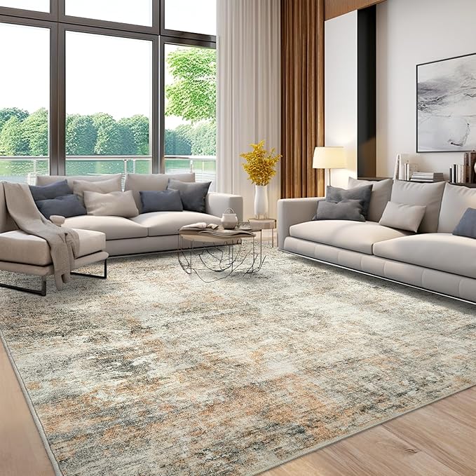 9x12 Area Rugs for Living Room, Non-Slip Machine Washable Vintage Rugs, Abstract Low Pile Lightweight Large Rug for Bedroom, Dining Room, Home Office Orange