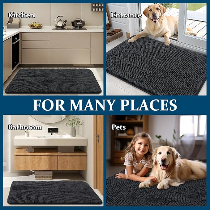 OLANLY Dog Door Mat for Muddy Paws 54x32, Absorbs Moisture and Dirt, Absorbent Non-Slip Washable Doormat, Quick Dry Chenille Mud Mat for Dogs, Entry Indoor Entryway Carpet for Inside Floor, Dark Grey