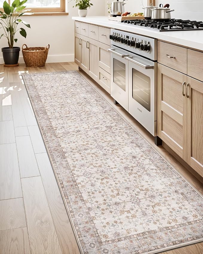 LUMI Washable Kitchen Rug, 23x87 Non-Slip Indoor Hallway Runner, Soft Low Pile Vintage Distressed Area Rugs for Laundry, Bedroom, Beige