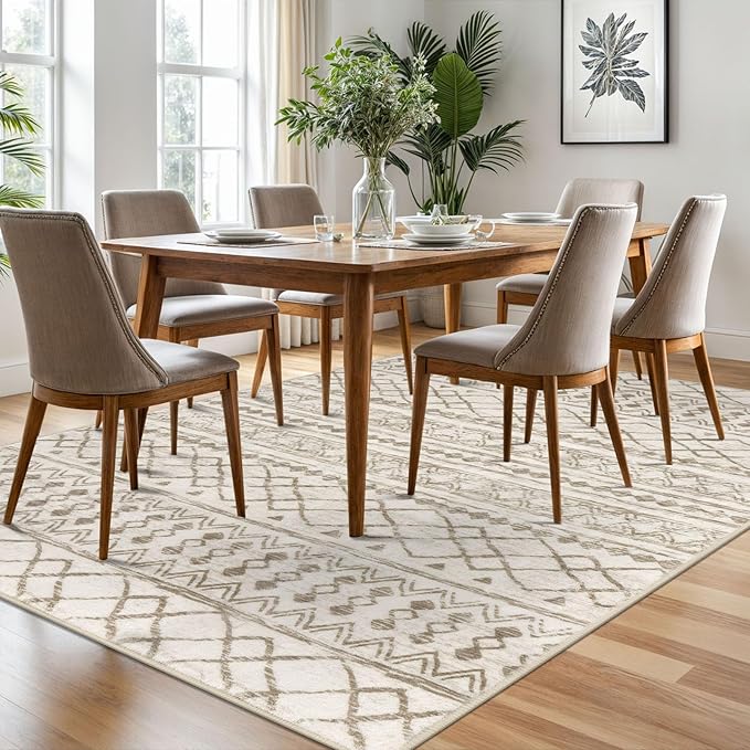 KUTA 6x9 Boho Living Room Rugs, Moroccan Washable Kitchen Rug Non Slip, Beige Ultra Soft Print Distressed Geometric Low-Pile Throw Carpet for Bedroom Nursery Dorm Decor