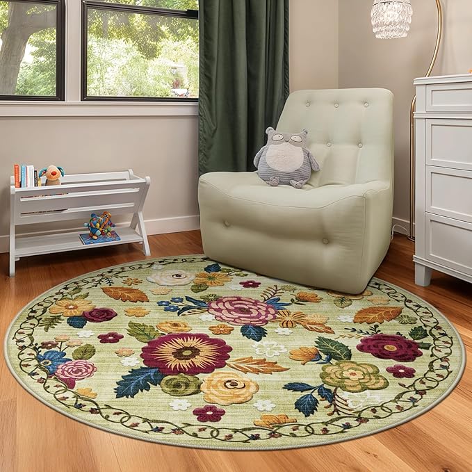 4ft Round Machine Washable Area Rug for Living Room, Green Vintage Boho Floral Rug Large Non-Slip Low Pile Soft Faux Wool Carpet, Kids and Pets Friendly for Bedroom Nursery Farmhouse Home Decor Rug