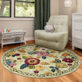 4ft Round Machine Washable Area Rug for Living Room, Green Vintage Boho Floral Rug Large Non-Slip Low Pile Soft Faux Wool Carpet, Kids and Pets Friendly for Bedroom Nursery Farmhouse Home Decor Rug