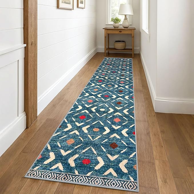 KILOCOCO Hallway Runner Rug 3x10 Runners for Hallways Washable Runner Soft Non Slip Printed Geometric Rubber Backed Low-Pile Rug Runners for Bedroom Kitchen Living Room Boho Rugs, Teal/Blue