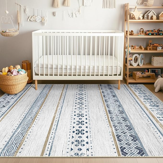 BESTSWEETIE 3x5 Area Rugs for Living Room Washable Moroccan Farmhouse Neutral Geometric Low Pile Non-Slip Soft Print Pattern Rug for Bedroom Kitchen Dining Room Entryway Blue/Brown