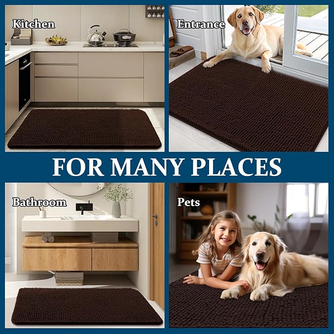 OLANLY Dog Door Mat for Muddy Paws 36x24, Absorbs Moisture and Dirt, Absorbent Non-Slip Washable Doormat, Quick Dry Chenille Mud Mat for Dogs, Entry Indoor Entryway Carpet for Inside Floor, Brown