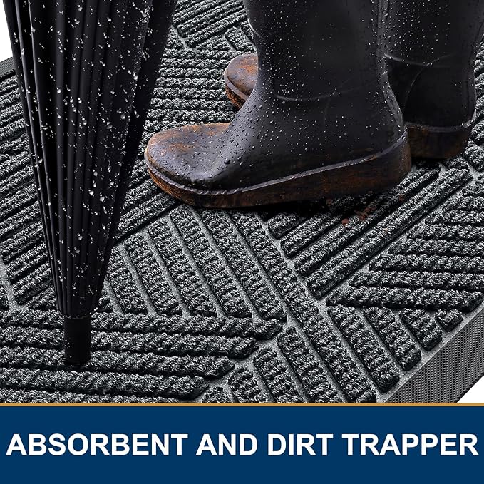 Kitinjoy Front Door Mat Outside Entrance, Sturdy Natural Dirt Trapper, Heavy Duty Rubber Doormat, Low Profile Non-Slip Backing, Easy Clean Floor Mat for Indoor Outdoor Entry, 35X23 Inch, Grey