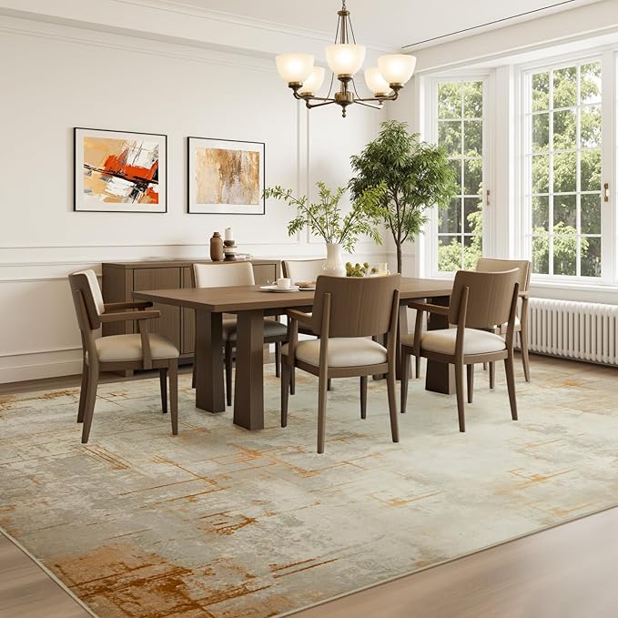 Joydeco 8x10 Area Rugs for Living Room, Washable Modern Abstract Non Slip Soft Rug, Low Pile Carpet for Bedroom, Dining Room, Home Office, Pet & Child Friendly, Light Brown & White & Beige