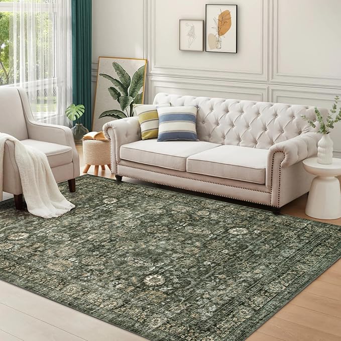 Morebes Vintage Large Rugs for Living Room, Washable 8x10 Area Rugs Non Slip,Soft Dark Green Rug for Bedroom,Distressed Non-Shedding Throw Rug for Entryway Kitchen Foyer Playroom