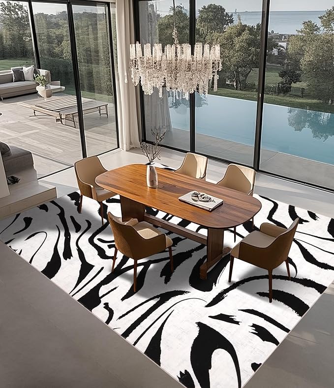YIHOUSE Modern Area Rugs for Living Room, 9x12 Washable Black and White Rug, Thin Abstract Geometric Striped Rug, Area Rug for Bedroom,Kitchen,Dining Room,Office