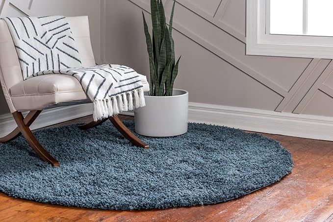 Unique Loom Davos Shag Collection Area Rug - Solid (10' Round, Marine Blue)