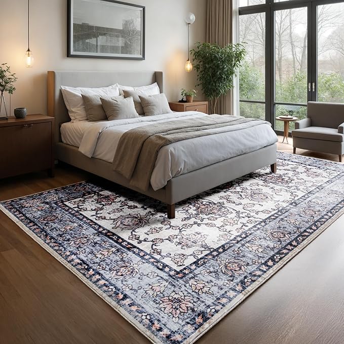Area Rug for Living Room, 8x10 Machine Washable Non Slip Large Faux Wool Throw Rug, 0.3″ Low Pile & Non-Shedding Boho Large Carpet Rugs for for Dining Room, Bedroom, Office (Gray Purple)