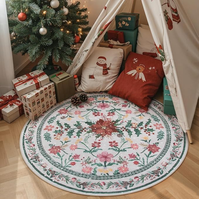 Wonnitar Christmas Decorations for Bedroom, Round Christmas Rug for Entryway Indoor, 4ft Washable Circle Rug Holiday Decor Non Slip Small Round Carpet for Living Room Kids Room Bathroom Xmas Tree
