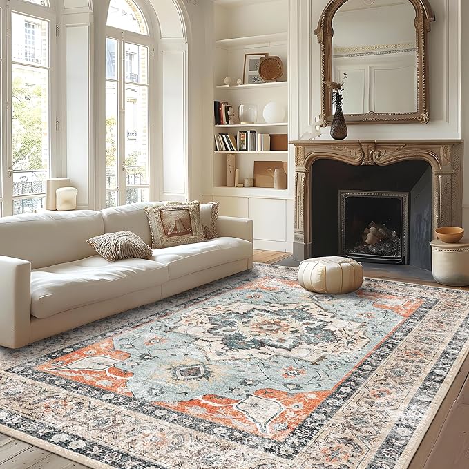VK VK·LIVING Machine Washable Rug 6'x9' Vintage Design Washable Area Rugs with Non Slip Rugs for Living Room Bedroom Traditional Woven Carpet Stain Resistant, Dining Office Boho Rug (Brick)